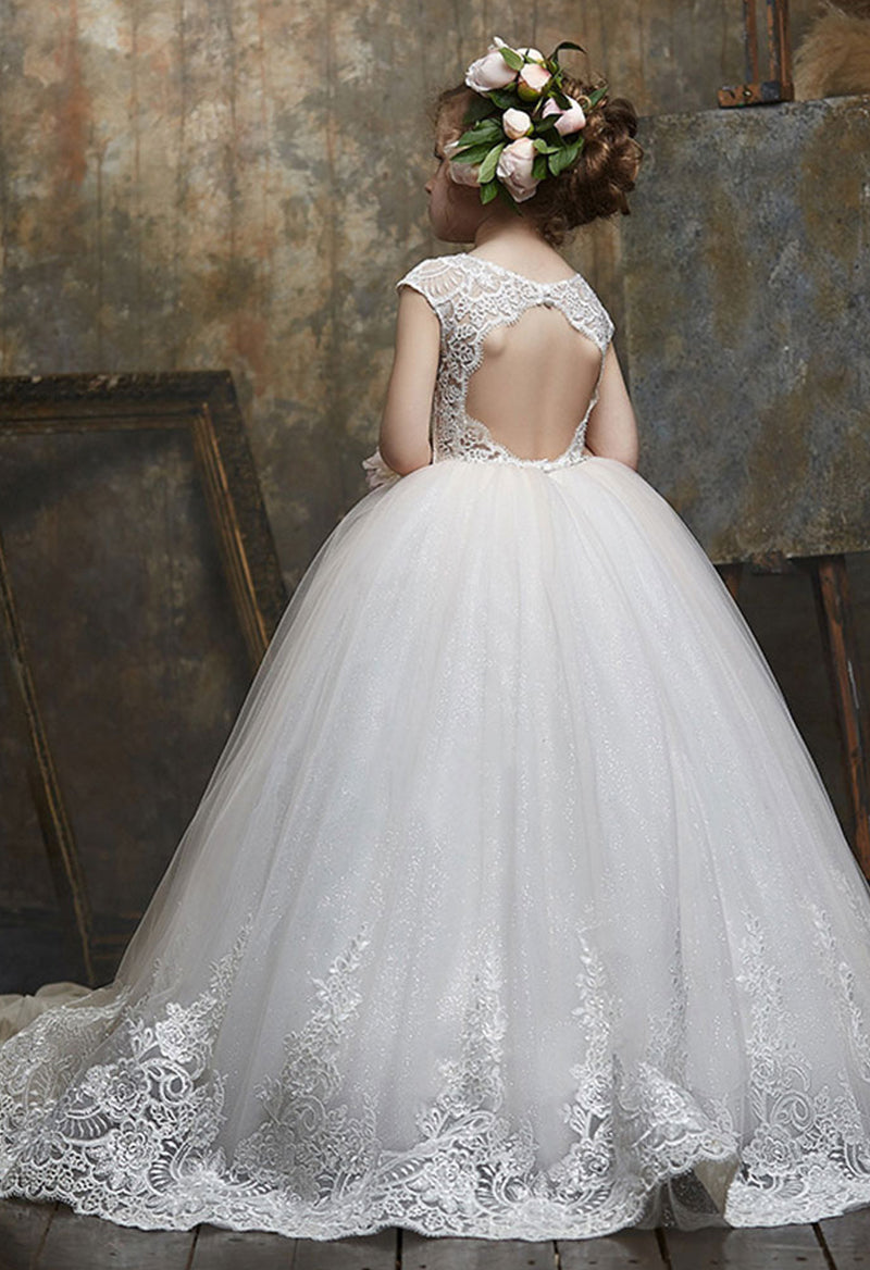 Tulle Lace Jewel Neck Cap Sleeve Key Hole Social Party Flower Girl Dress