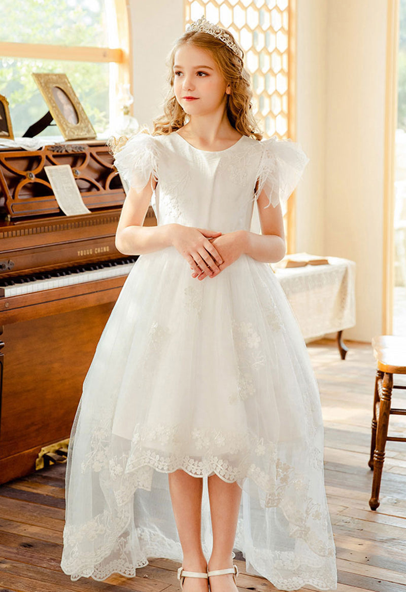 Tea Length High And Low Bow Lace Social Party Flower Girl Dress As Picture