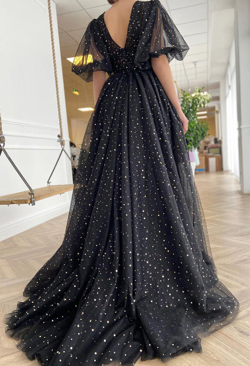 V Neck Slit Sparkly Lace Puff Sleeve Evening Dress