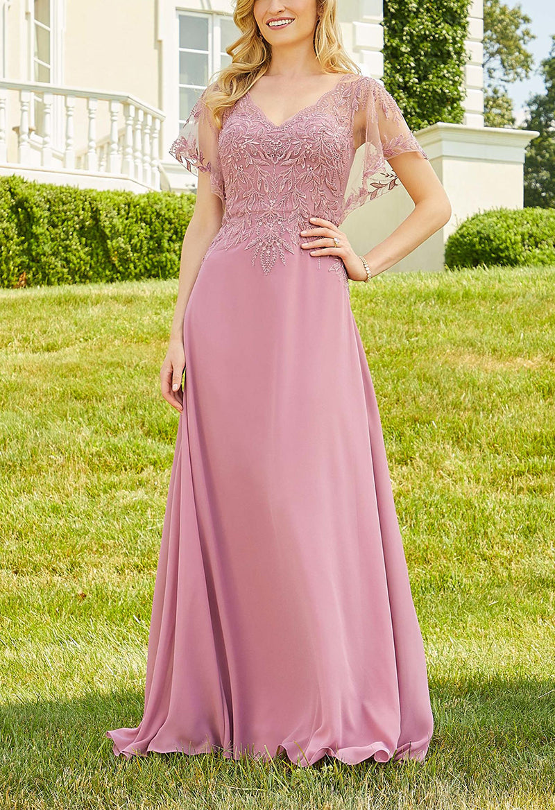 V-Neck Embroidered Dolman Sleeve Open Back Floor Length Evening Dress Pink