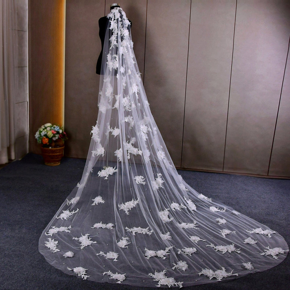 One-Tier Cut Edge Tulle Cathedral Veils With Flower Beading V160