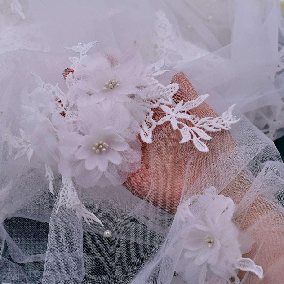 One-Tier Cut Edge Tulle Cathedral Veils With Flower Beading V160