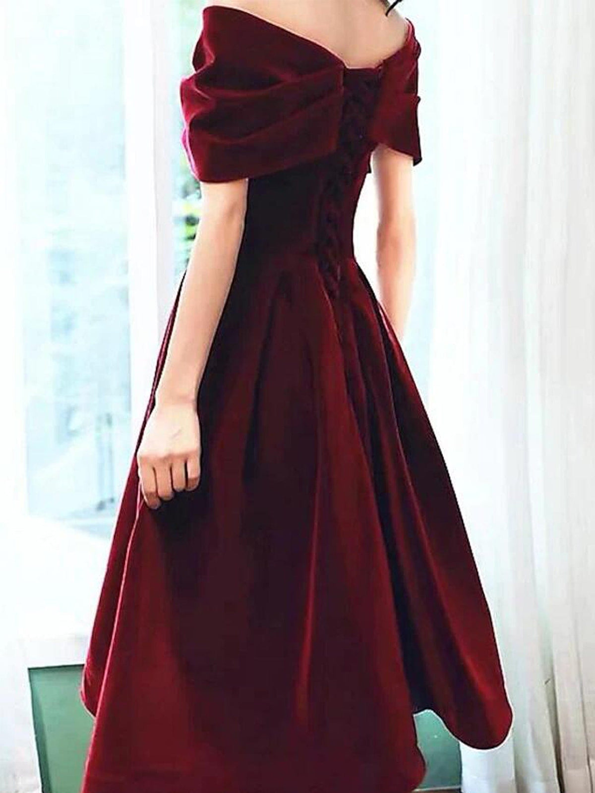 Burgundy Off-the-shoulder Velvet Aline Homecoming Dress
