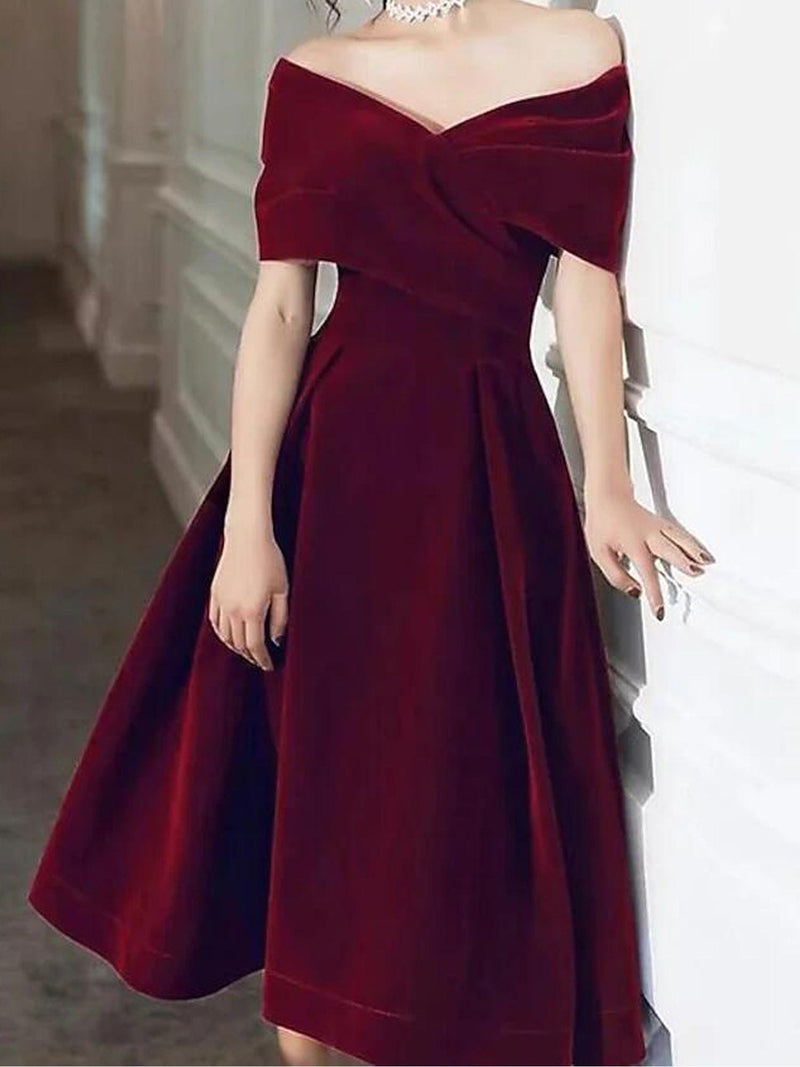 Burgundy Off-the-shoulder Velvet Aline Homecoming Dress