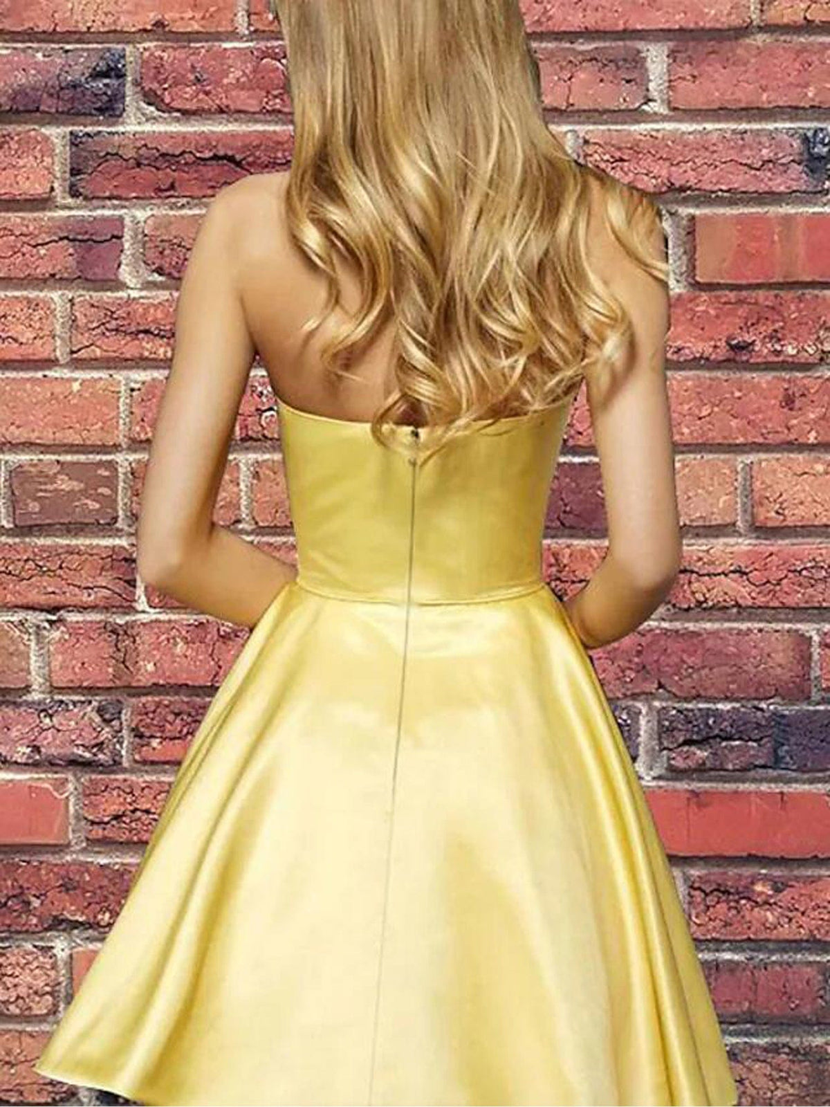 Yellow Satin Strapless Ball Gown Homecoming Dress