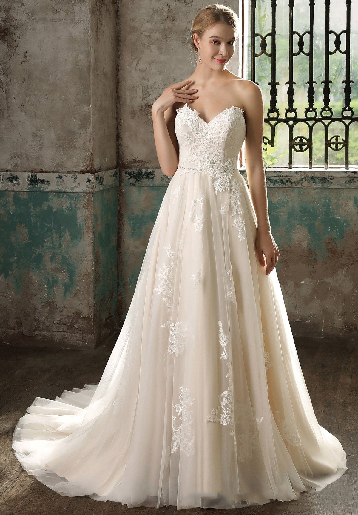 Detached Sleeve Champagne Lace Aline Wedding Dress