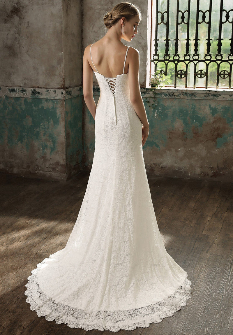 Plunging Neck Wide Strap Fit and Flare Elegant Wedding Dress