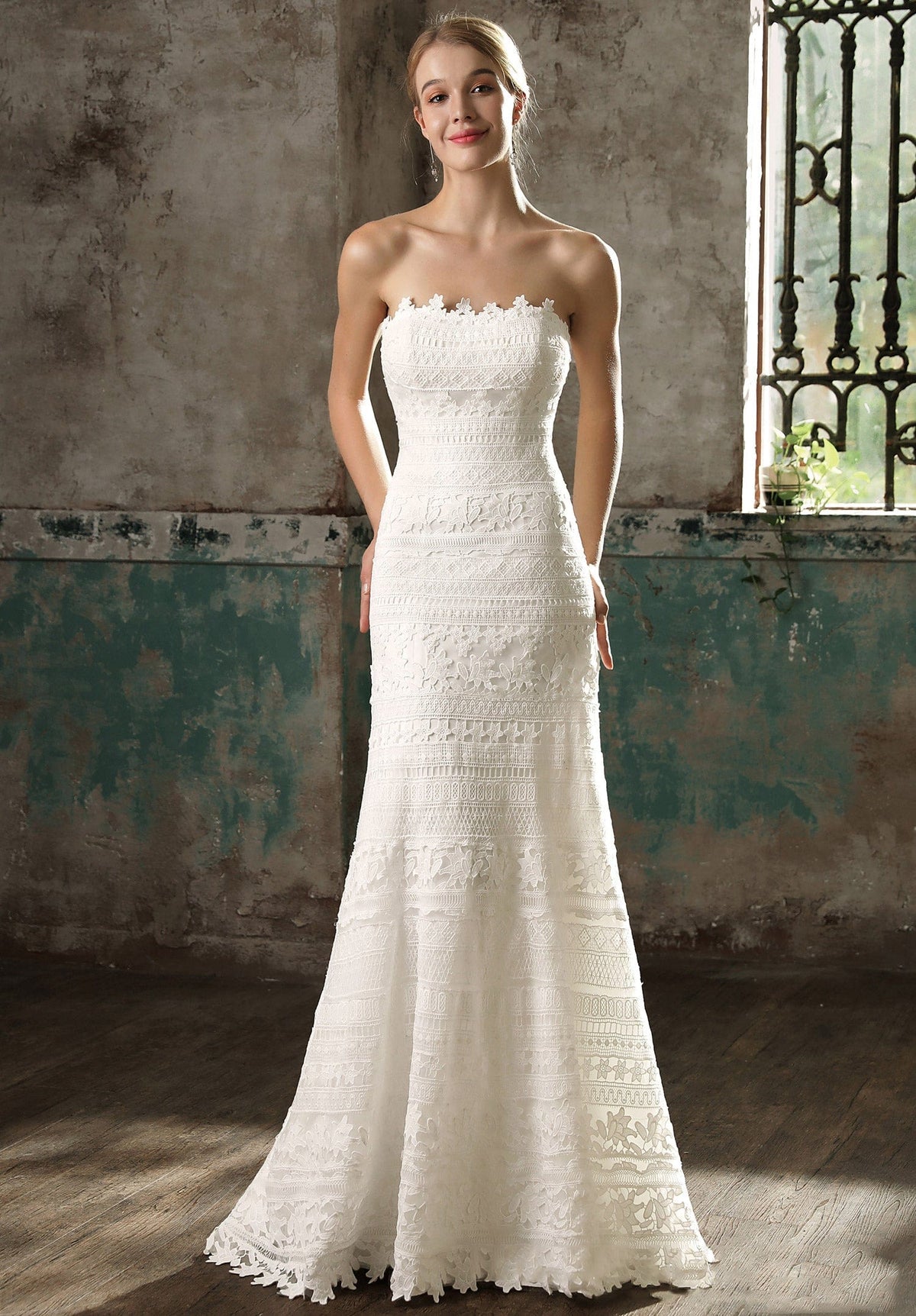 Elegant Straight Across Lace Sheath Overskirt Wedding Dress