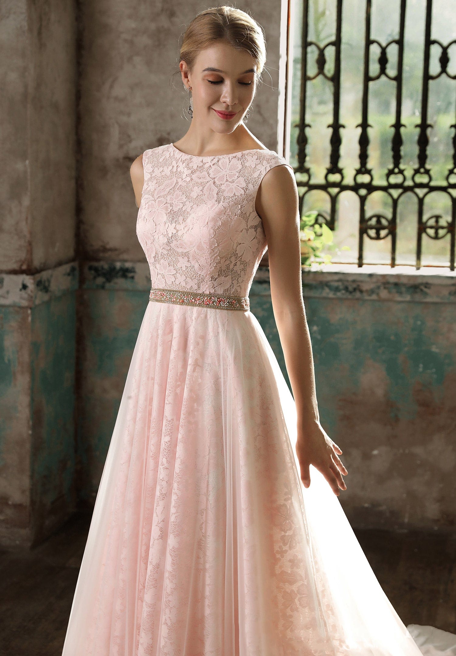 Jewel Neckline Sleeveless Lace Aline With Belt Wedding Dress