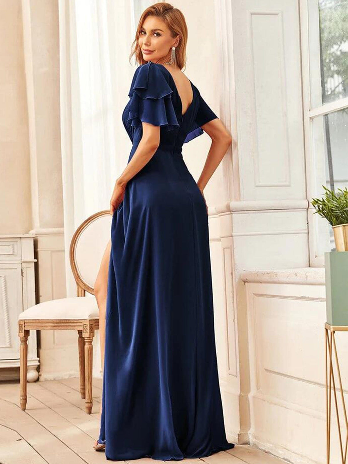 Navy Jewel Neckline Split Pleated Ruffle AlineMother of The Bride Dress